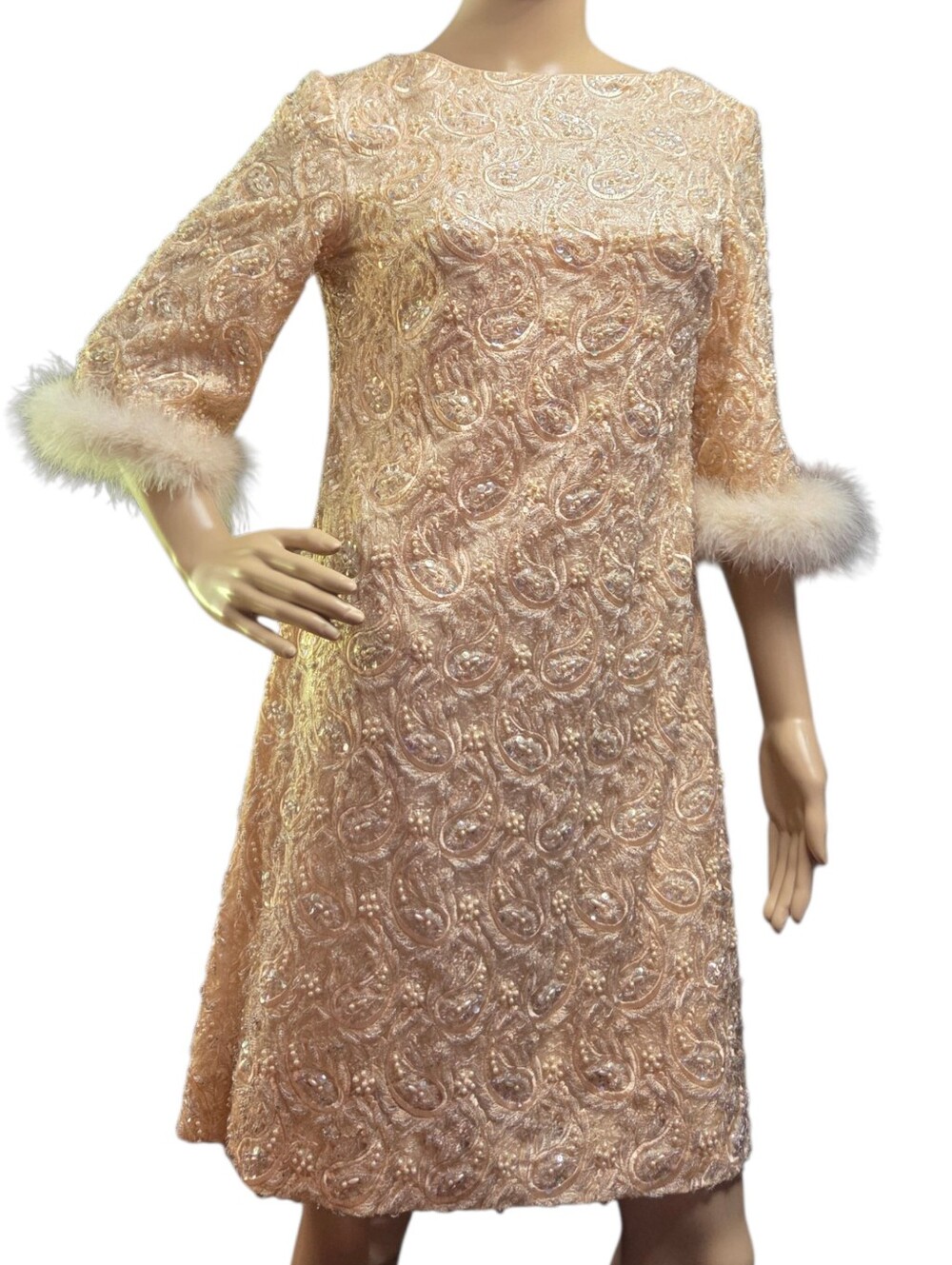 Vintage 1960's Beaded Dress Marabou Paisley Embellished Small 4 6